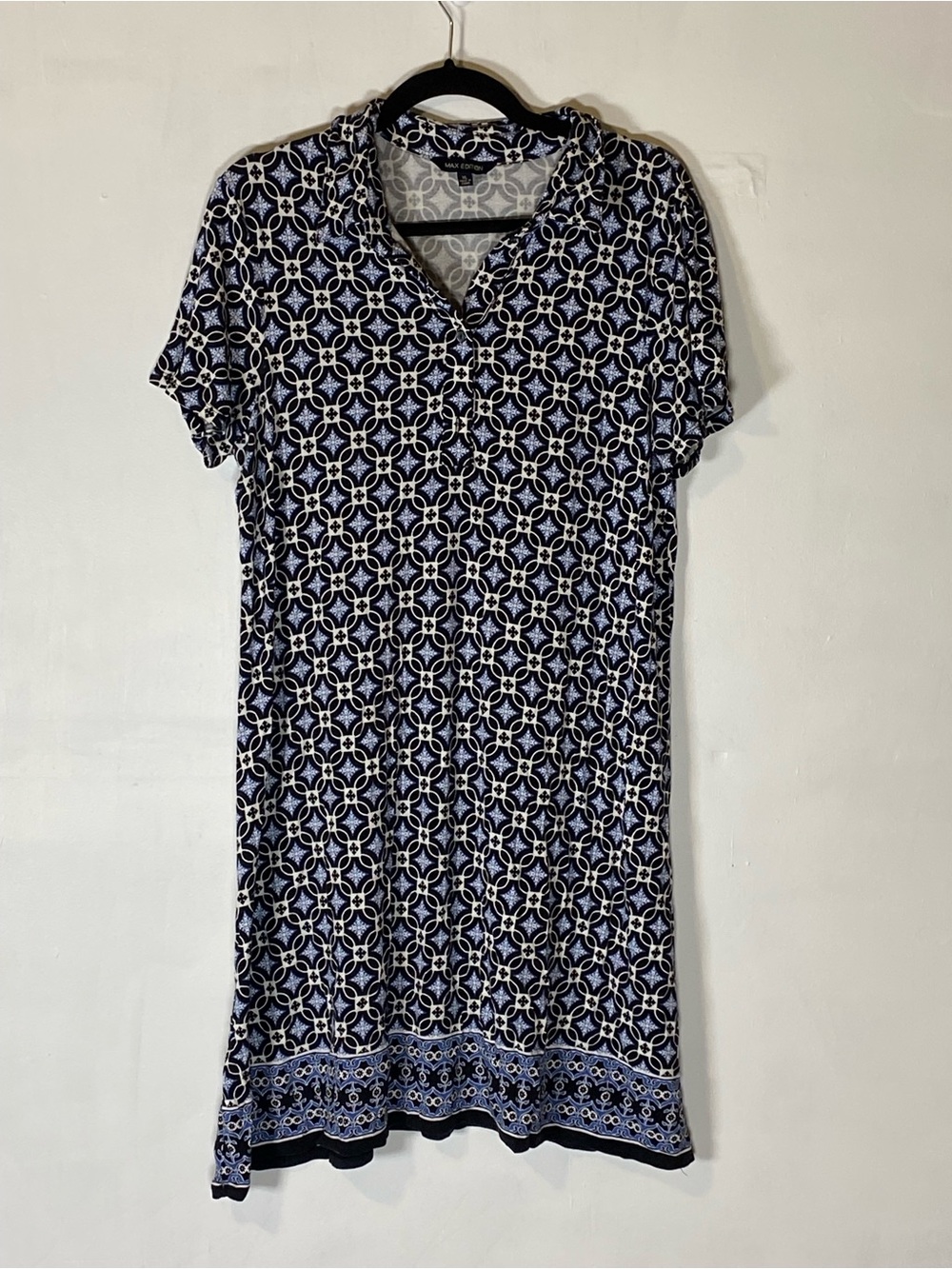 Preppy Coastal Blue‎ Geometric Tile Print Swing Shirt Dress Relaxed Boho Chic XL